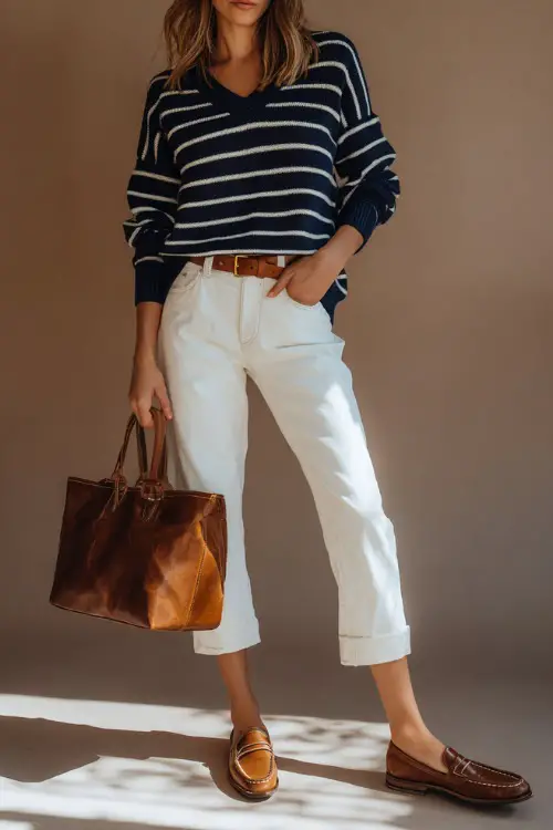 Woman in a navy striped knit sweater paired with white cropped pants, tan loafers, and a brown leather handbag, full-body in a soft-lit studio