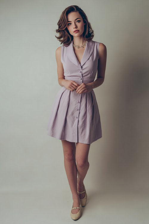 Woman in a pale lavender sleeveless dress with a vintage silhouette, styled with simple jewelry and beige Mary Janes, posed full-body in a bright 