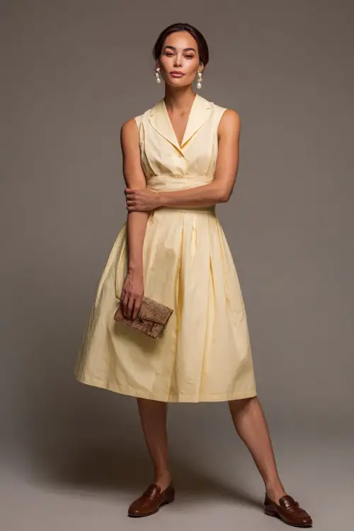 Woman in a pale yellow cotton sundress with a modest fit-and-flare shape, pearl earrings, brown loafers, and a vintage-inspired clutch 