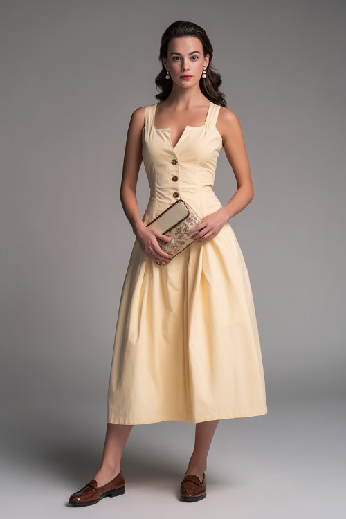 Woman in a pale yellow cotton sundress with a modest fit-and-flare shape, pearl earrings, brown loafers, and a vintage-inspired clutch