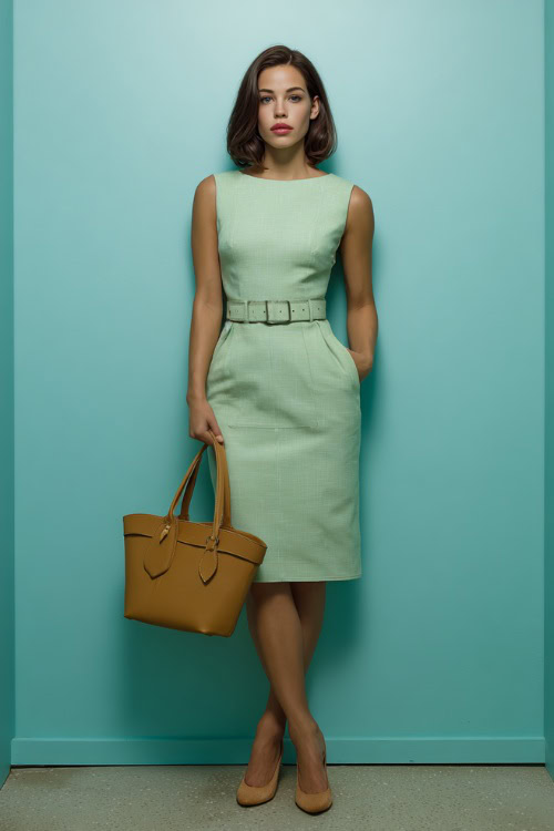 Woman in a pastel green belted dress with modest boat neckline, structured handbag, and tan low-heeled shoes, full-body portrait in a bright studio 