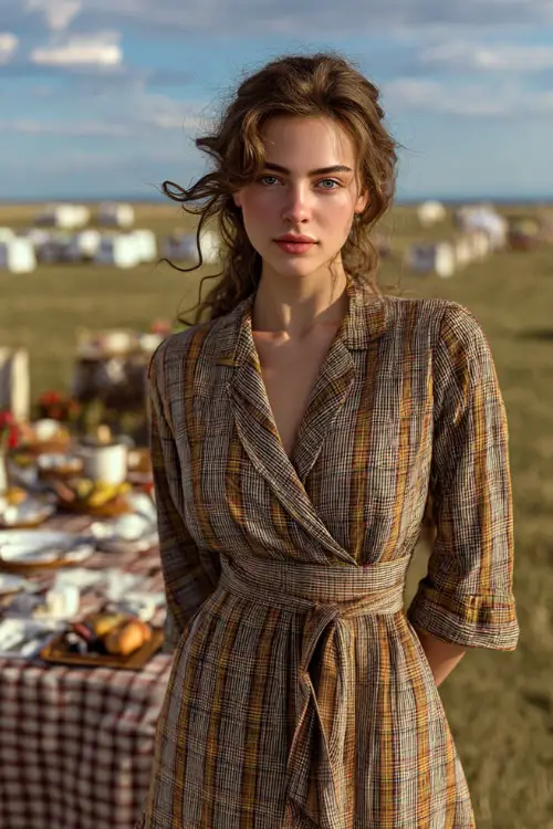 Woman in a plaid midi dress with long sleeves and a tie waist, standing in a field set up for a fall wedding picnic, full body visible
