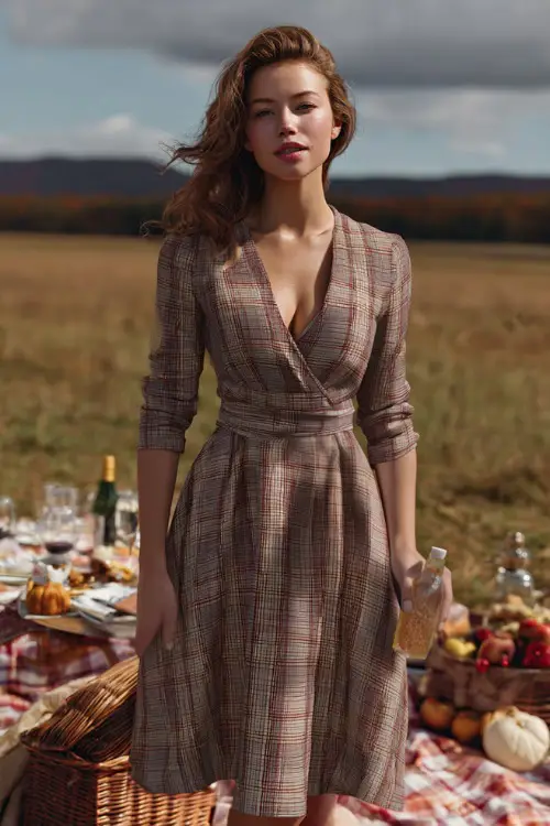 Woman in a plaid midi dress with long sleeves and a tie waist, standing in a field set up for a fall wedding picnic