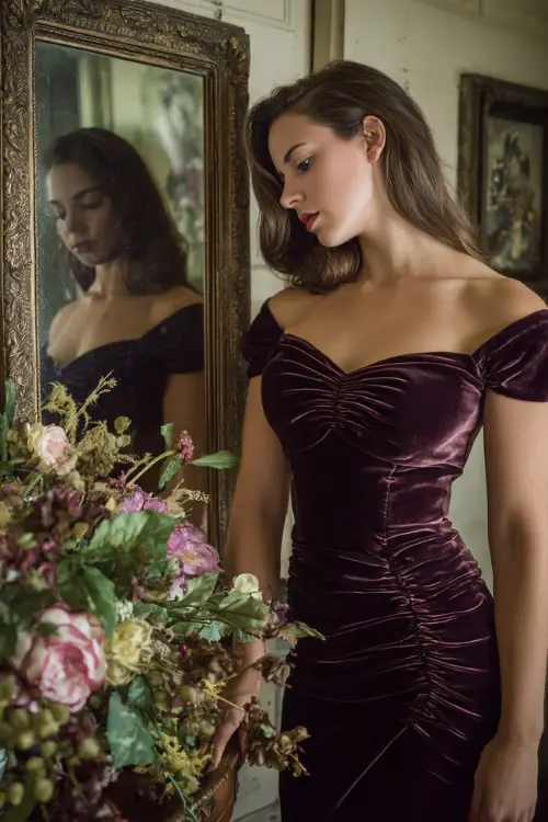 Woman in a plum-colored off-the-shoulder velvet dress with a fitted waist and ruched detailing, standing beside an antique mirror and vintage floral arrangement 