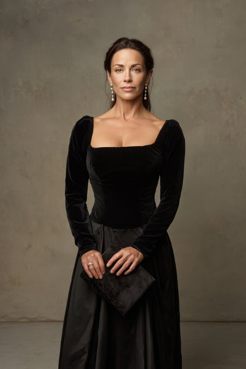 Woman in a regal black gown with subtle metallic details, long sleeves, and a square neckline, paired with pearl studs and a velvet clutch, posed in a minimalist studio
