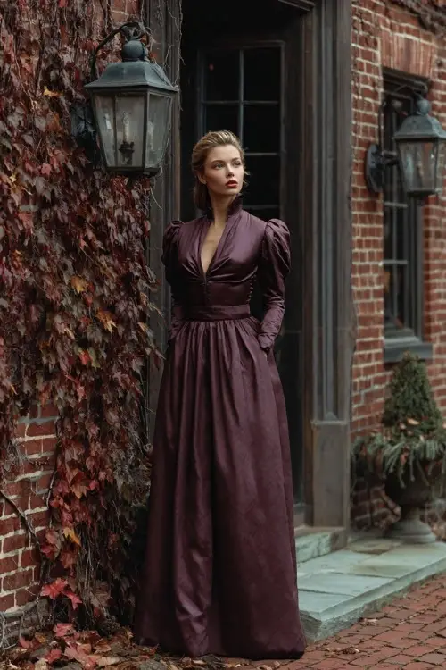 Woman in a rich aubergine long sleeve gown with fitted bodice and flowing hem, standing beside a brick building with late-fall vines and vintage sconces 