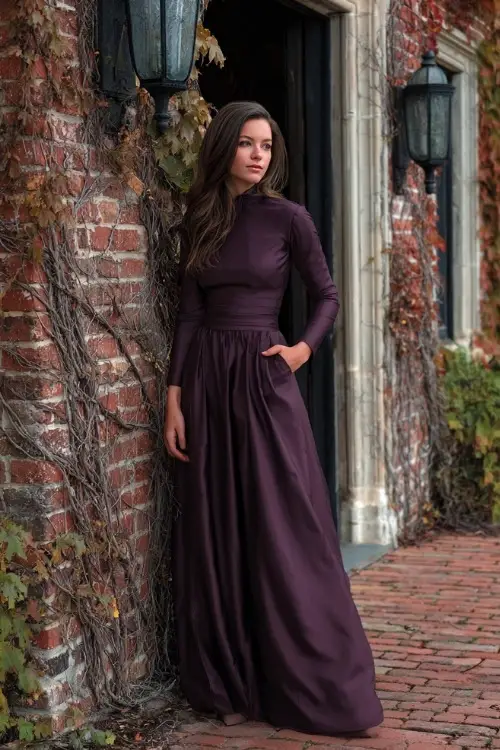 Woman in a rich aubergine long sleeve gown with fitted bodice and flowing hem, standing beside a brick building with late-fall vines and vintage sconces 