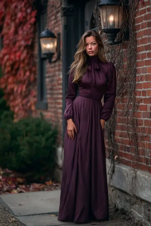 Woman in a rich aubergine long sleeve gown with fitted bodice and flowing hem, standing beside a brick building with late-fall vines and vintage sconces 