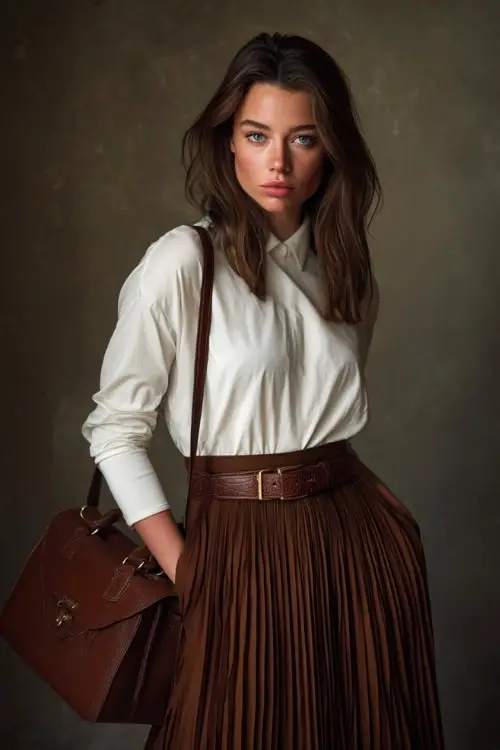 Woman in a rich brown pleated skirt with a fitted white long-sleeve blouse, classic belt, and vintage-inspired handbag, posed in soft-lit studio 