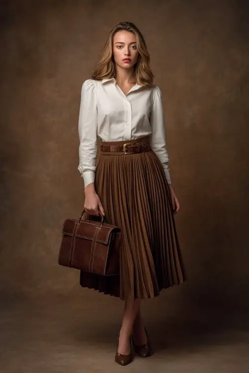 Woman in a rich brown pleated skirt with a fitted white long-sleeve blouse, classic belt, and vintage-inspired handbag, posed in soft-lit studio