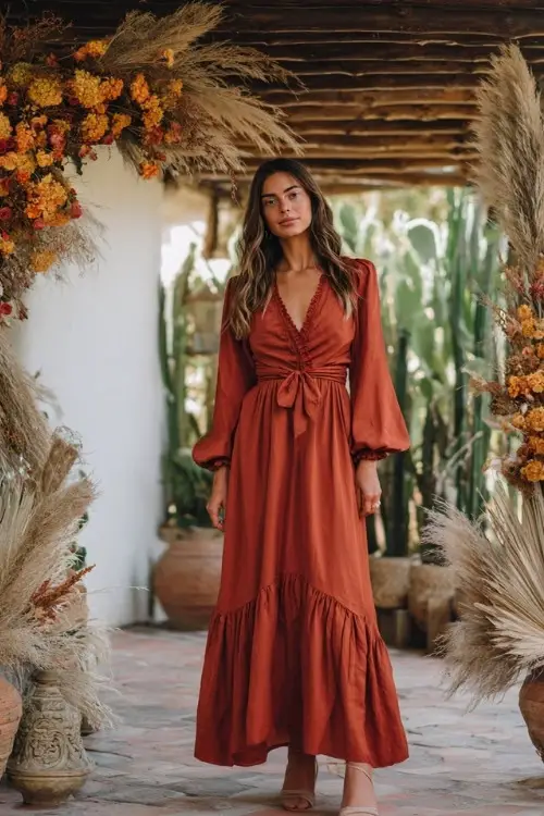 Woman in a rich terracotta long sleeve midi dress with smocked waist and ruffle details, standing at a boho wedding altar decorated with dried grasses and burnt orange flowers 