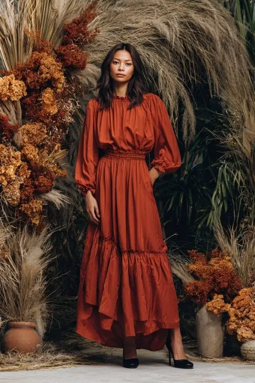 Woman in a rich terracotta long sleeve midi dress with smocked waist and ruffle details, standing at a boho wedding altar decorated with dried grasses and burnt orange flowers