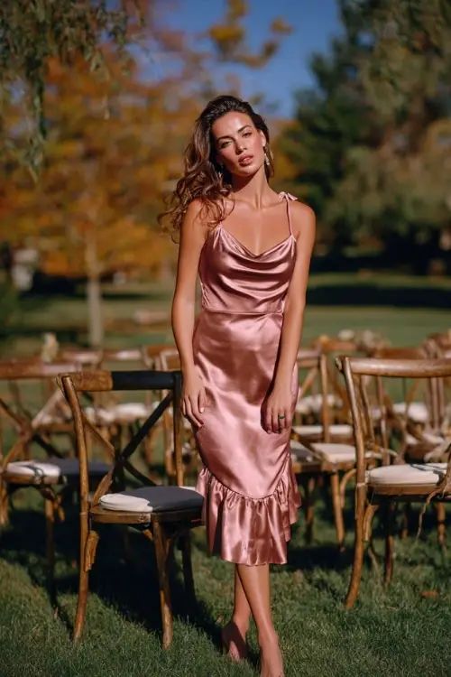 Woman in a rose gold midi dress with cowl neckline and layered skirt, standing beside wooden chairs arranged for an outdoor wedding among September trees 