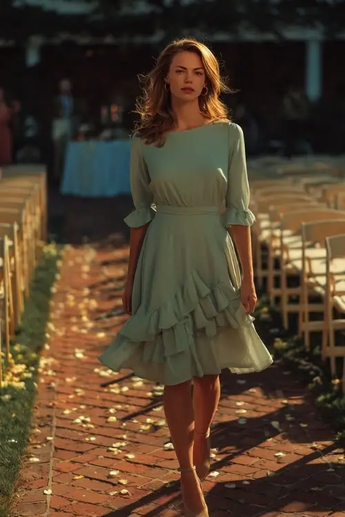 Woman in a sage green A-line dress with half sleeves and ruffled hem, walking beside rows of outdoor wedding chairs with scattered petals and soft sunlight