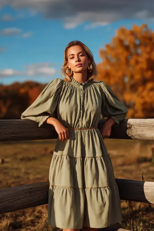 Woman in a sage green tiered midi dress with balloon sleeves and simple gold hoops, standing by a wooden fence with autumn trees in the background 