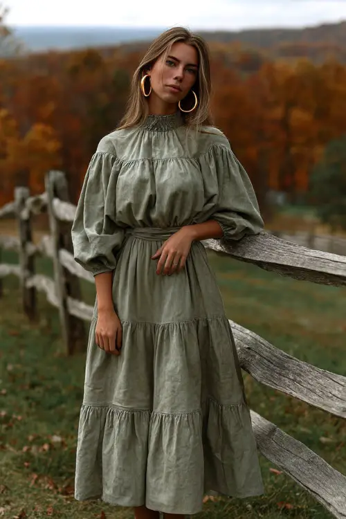 Woman in a sage green tiered midi dress with balloon sleeves and simple gold hoops, standing by a wooden fence with autumn trees in the background