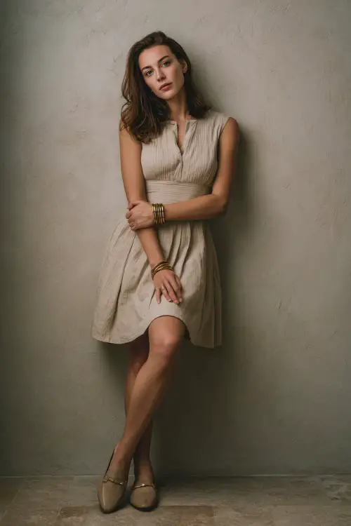 Woman in a sleeveless beige dress with subtle pleats, gold bangle bracelets, and classic leather loafers, posed gracefully in a minimalist studio background