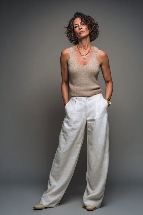 Woman in a soft beige sleeveless knit top tucked into white linen trousers, accessorized with loafers and gold watch, posed full-body in studio