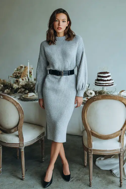 Woman in a soft grey knit midi dress with long sleeves and black belt, posing beside vintage chairs and a cake table set for a casual wedding, full body visible