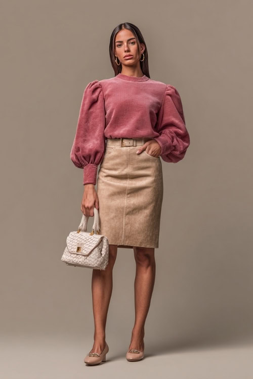 Woman in a soft tan wool skirt and a dusty rose sweater with puff sleeves, styled with classic flats and a vintage handbag, clean studio background 