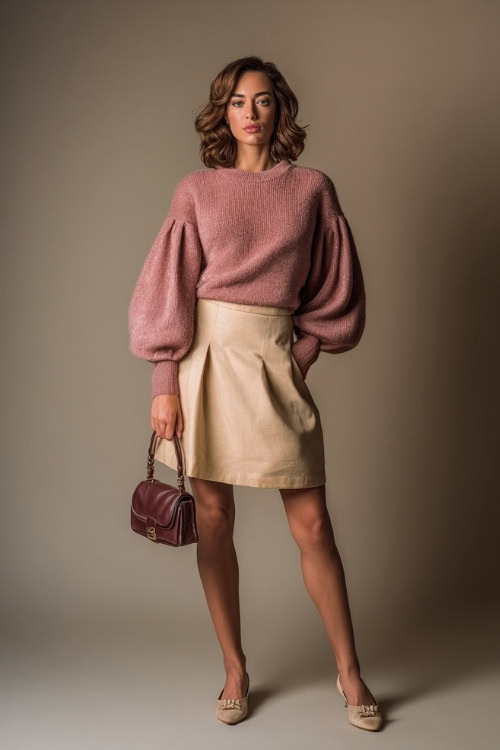 Woman in a soft tan wool skirt and a dusty rose sweater with puff sleeves, styled with classic flats and a vintage handbag, clean studio background