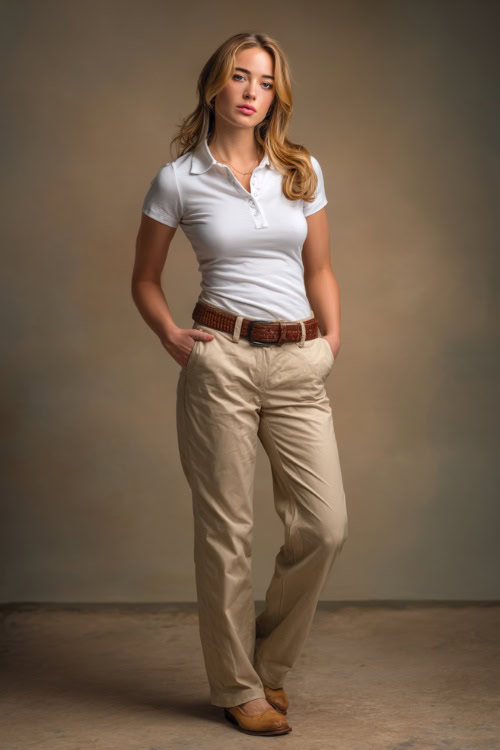 Woman in a tucked white polo shirt with straight-leg beige pants, brown leather belt, and tan flats, full-body in a simple studio background 