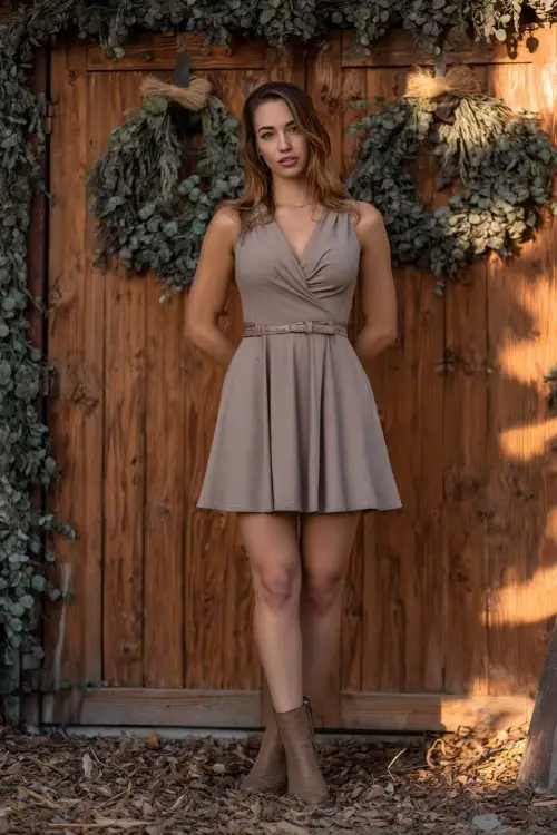 Woman in a warm taupe fit-and-flare dress with a belt and subtle shimmer, standing by a set of wooden barn doors surrounded by leaf piles and eucalyptus garlands