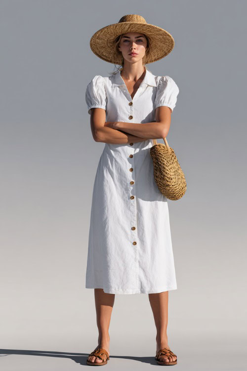 Woman in a white cotton button-front midi dress with short puff sleeves, paired with a straw hat, woven bag, and dainty leather sandals, full-body in a simple studio