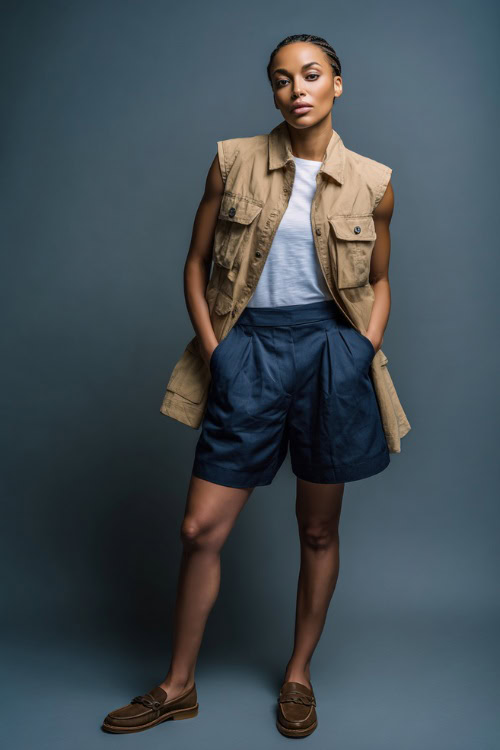 Woman in a white tee under a camel-colored sleeveless vest, paired with pleated navy shorts and loafers, simple studio setting 