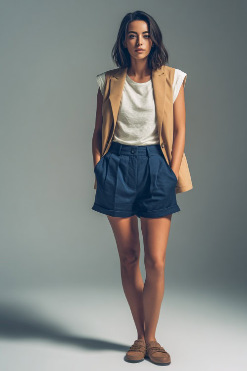 Woman in a white tee under a camel-colored sleeveless vest, paired with pleated navy shorts and loafers, simple studio setting