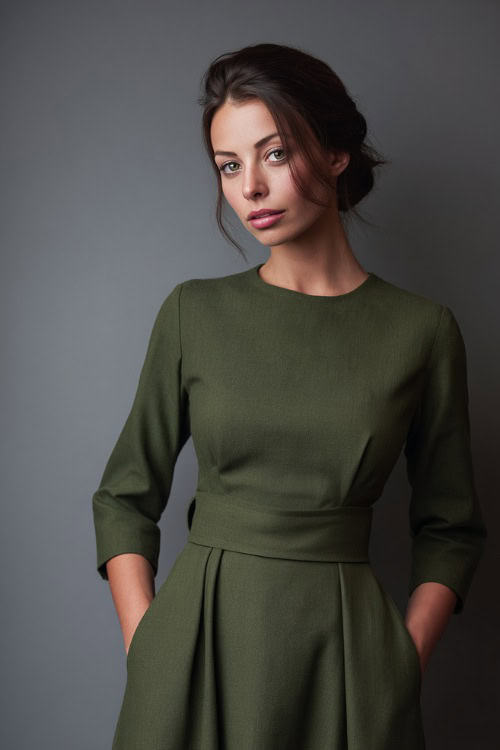 Woman in an olive green modest midi dress with ¾ sleeves, cinched waist, and vintage brooch, full-body in a minimalist studio