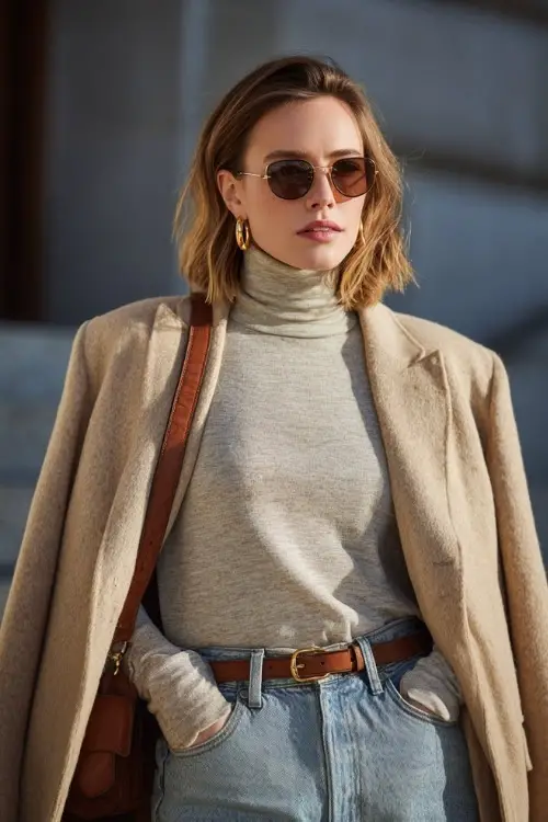 Woman in light-wash jeans with a tucked-in turtleneck and tan wool coat layered over the shoulders, accessorized with gold earrings and a leather crossbody 
