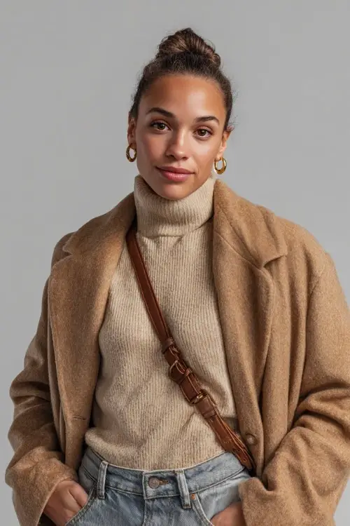 Woman in light-wash jeans with a tucked-in turtleneck and tan wool coat layered over the shoulders, accessorized with gold earrings and a leather crossbody