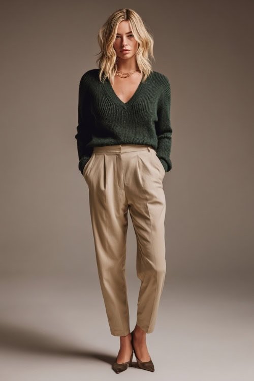 Woman in soft beige trousers with a tucked-in dark green sweater, styled with ballet flats and minimal jewelry, posed in neutral studio light 