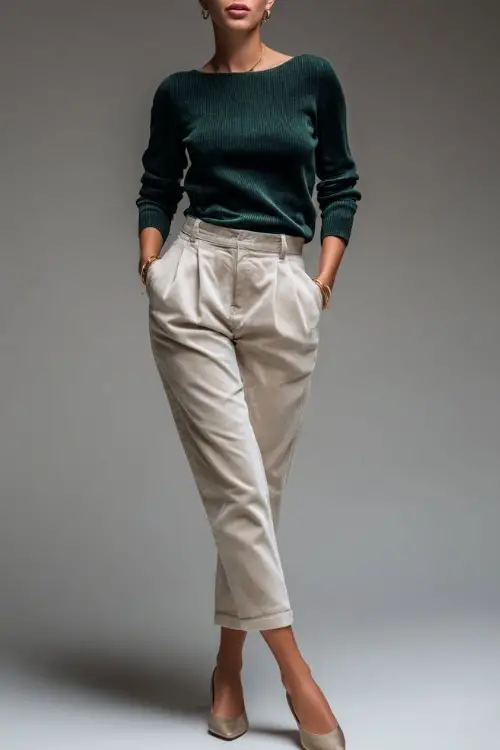 Woman in soft beige trousers with a tucked-in dark green sweater, styled with ballet flats and minimal jewelry, posed in neutral studio light