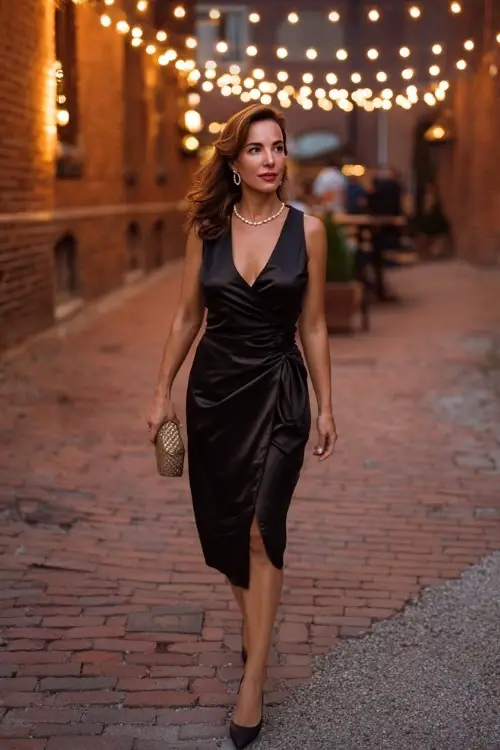 Woman over 50 in a black satin wrap midi dress with clutch and pearl studs, walking toward a brick venue lit by string lights 