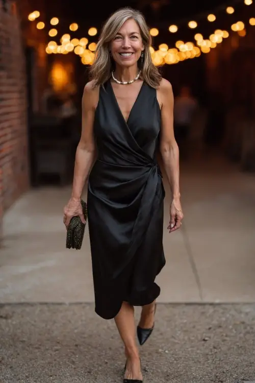 Woman over 50 in a black satin wrap midi dress with clutch and pearl studs, walking toward a brick venue lit by string lights