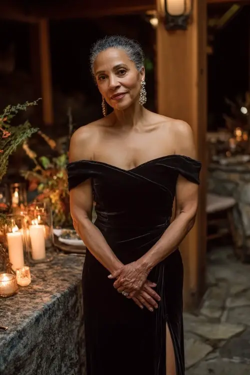 Woman over 50 in a black velvet off-shoulder gown with a side slit and pearl earrings, standing beside an evening fall wedding reception setup with candlelight