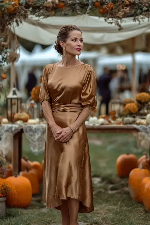 Woman over 50 in a bronze satin high-low dress with elbow-length sleeves, standing near an open-air October wedding altar surrounded by pumpkins 