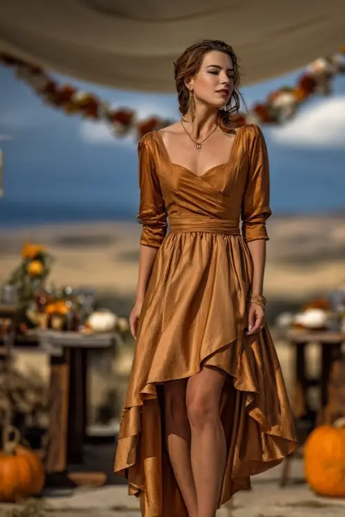 Woman over 50 in a bronze satin high-low dress with elbow-length sleeves, standing near an open-air October wedding altar surrounded by pumpkins