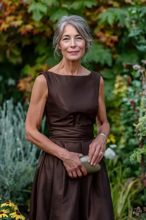 Woman over 50 in a chocolate brown midi dress with boat neckline and waist sash, holding a small clutch and standing in a fall garden wedding setting 