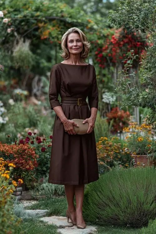 Woman over 50 in a chocolate brown midi dress with boat neckline and waist sash, holding a small clutch and standing in a fall garden wedding setting