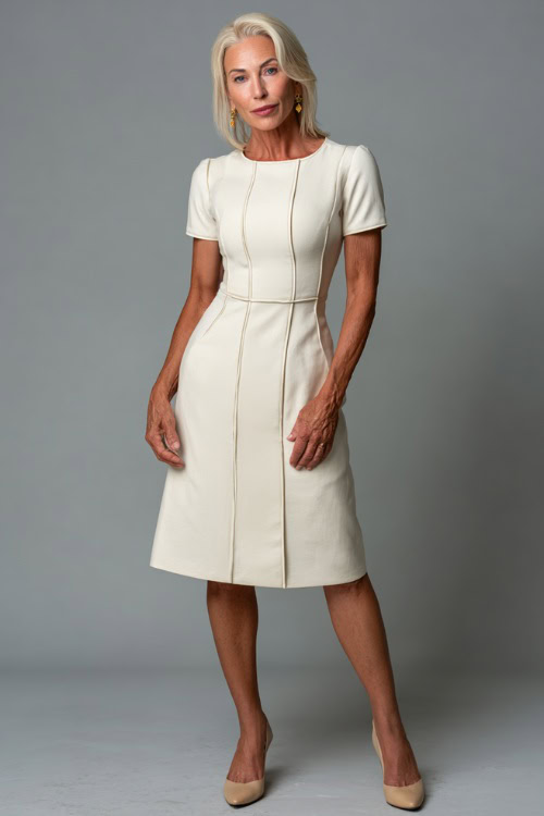 Woman over 50 in a cream short-sleeve midi dress with structured seams and round neckline, paired with beige slingbacks and classic earrings 