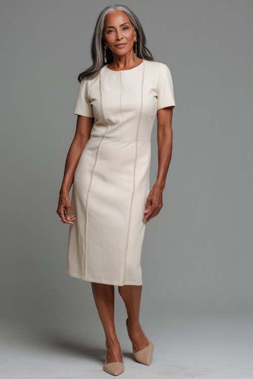 Woman over 50 in a cream short-sleeve midi dress with structured seams and round neckline, paired with beige slingbacks and classic earrings