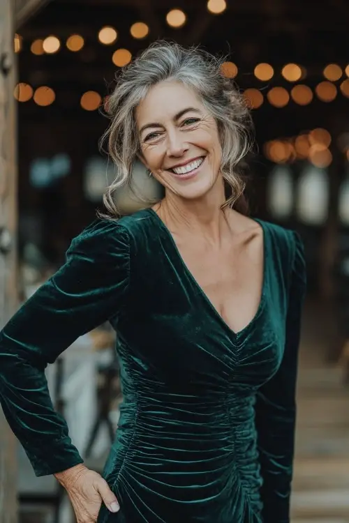 Woman over 50 in a dark green velvet midi dress with ruched detailing and long sleeves, posing beside a rustic barn wedding venue with warm lighting 