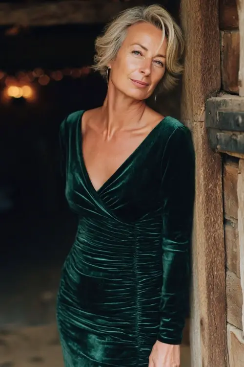 Woman over 50 in a dark green velvet midi dress with ruched detailing and long sleeves, posing beside a rustic barn wedding venue with warm lighting