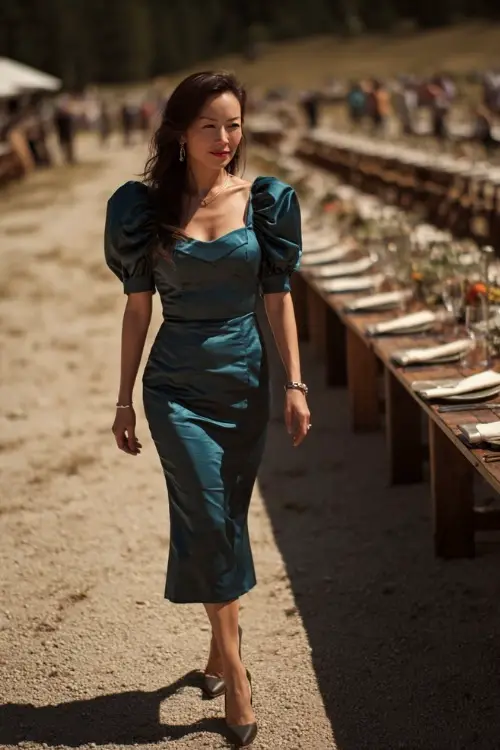 Woman over 50 in a dark teal satin dress with puff sleeves and classic pumps, walking past long banquet tables set for an outdoor autumn wedding