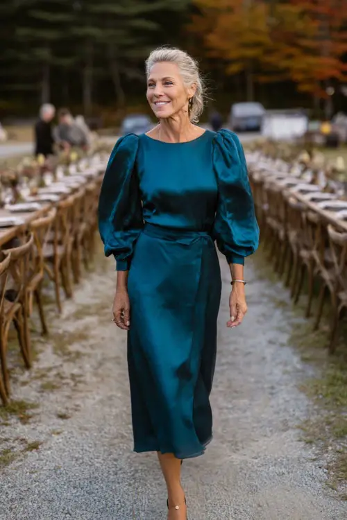 Woman over 50 in a dark teal satin dress with puff sleeves and classic pumps, walking past long banquet tables set for an outdoor autumn wedding 