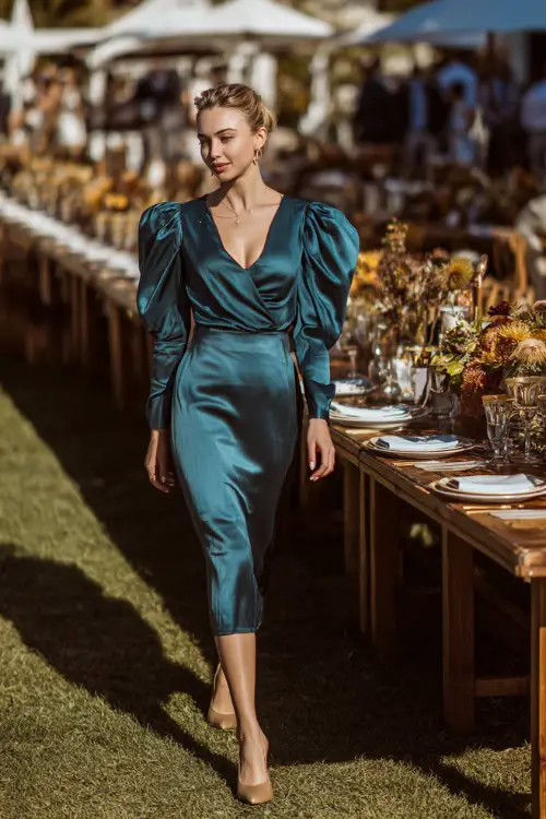 Woman over 50 in a dark teal satin dress with puff sleeves and classic pumps, walking past long banquet tables set for an outdoor autumn wedding