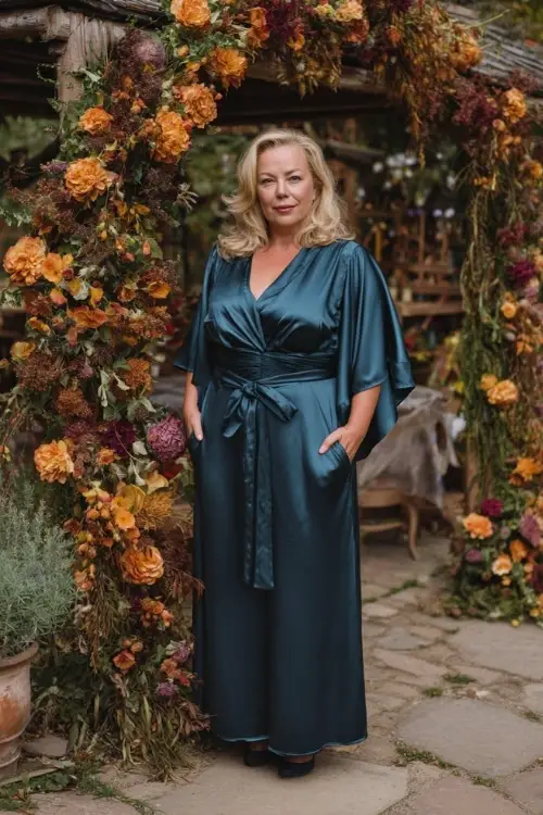 Woman over 50 in a dark teal satin midi dress with cinched waist and cape sleeves, posing confidently beside an autumn floral ceremony arch, full body visible